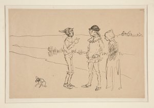 Studie von zwei Männern, einer Frau und einem Hund, aus Liebe von Edwin Austin Abbey
