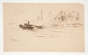 Schlepper schiebt Lastkahn auf dem Fluss