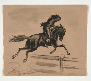 Unidentifizierte Illustration eines Reiters, der über einen Zaun springt (recto); Figurenstudie eines alten Mannes (verso)