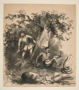 Waldszene mit einem Jäger, einem Indianer und einer Schlange - nicht identifizierte Illustration von Edwin Austin Abbey