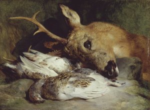 Kopf eines Rehbocks und zwei Schneehühner