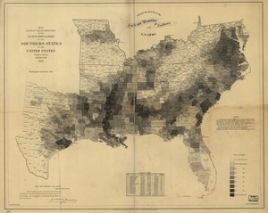 Karte, die die Verteilung der Sklavenbevölkerung der Südstaaten der Vereinigten Staaten zeigt, zusammengestellt aus der Volkszählung von 1860 von Edwin Hergesheimer