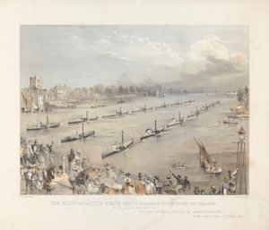 Die Flotte der Stadt-Dampfschiffe in Paradeordnung vor Chalsea bei der jährlichen Londoner Gedenkfeier