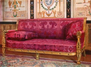 Geschnitztes vergoldetes Sofa mit Rosenbrokat aus Lyon bezogen