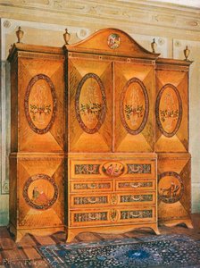 Satinholzschrank, eingelegt mit Tulpenholz, Harewood, Stechpalme, Ebenholz, Mahagoni und anderen Hölzern