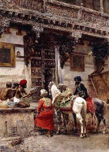 Handwerker verkauft Kisten bei einem Teakholzgebäude, Ahmedabad, ca. 1885