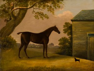 Bay Hunter und ein Terrier vor einem Stall, ca. 1805