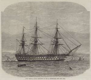 HMS Bombay, kürzlich durch Feuer in Montevideo zerstört