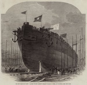 Die neue gepanzerte Flotte, Stapellauf der Fregatte Ihrer Majestät Valiant, 34 Kanonen, in Millwall von Edwin Weedon