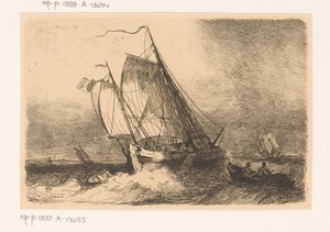 Segelschiffe und ein Ruderboot auf unruhiger See