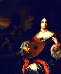 Eine Dame spielt Laute mit zwei Jungen an ihrer Seite