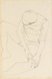Weiblicher Akt, nach vorne gebeugt, beide Hände auf dem linken Oberschenkel, 1913 von Egon Schiele