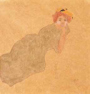 Mädchen im olivfarbenen Kleid mit aufgestütztem Arm von Egon Schiele