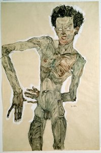 Männlicher Akt (Selbstporträt). Zeichnung von Egon Schiele (1890-1918), 1910. Bleistift, Aquarell und Tempera auf Papier. Dim: 55,7x36,8cm. Wien, Graphische Sammlung Albertina