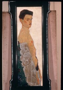 Nacktes Selbstporträt mit ornamentaler Draperie von Egon Schiele