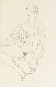 Sitzender weiblicher Akt mit offener Bluse, 1913