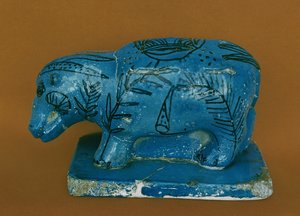 Blaues Nilpferd mit schwarzer Dekoration, aus Dra Aboul Naga, Mittleres Reich (Fayence)
