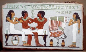 Ägyptische Antike: Grabstele aus bemaltem Kalkstein, die die Familie von Amenemhet darstellt