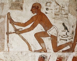 Ein Handwerker nimmt Maß für den Bau einer Wand, Detail des Freskos, das das Grab von Rekhmire, Gouverneur von Theben und Wesir während der Herrschaft der Pharaonen Thutmes III und Amenophis II (18. Dynastie 1500 bis 1292 v. Chr.), Grab (TT100), Tal