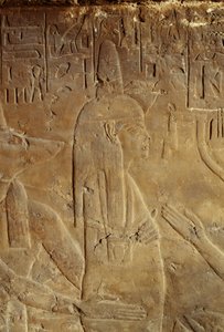 Anubis hält die Mumie, Relief aus dem Grab von Maia, Amme von Tutanchamun, Saqqara, Ägypten, ägyptische Zivilisation, Neues Reich, Dynastie XVIII, Detail
