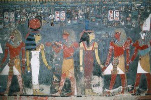 Ägypten, Luxor, Tal der Könige, Grab von Horemheb, Wandmalerei von Egyptian 18th Dynasty