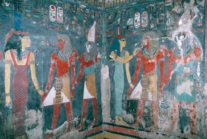 Ägypten, Theben, Luxor, Tal der Könige, Grab von Horemheb, Wandmalerei, die Horemheb zwischen Göttin Isis und Gott Horus darstellt, Neues Reich, Dynastie XVIII von Egyptian 18th Dynasty