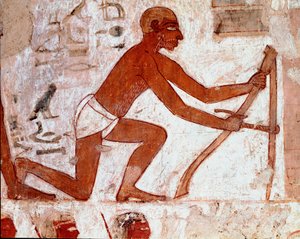 Ägyptische Kunst: Grab von Rekhmire. Pflüger bei der Arbeit mit seinem landwirtschaftlichen Werkzeug. Fresko von Luxor (Stätte von Theben, Nekropole von Scheich Abd al-Gournah (Gournah), linkes Nilufer, Ägypten. - Altes Ägypten: Grab von Rekhmire. Die Arbe