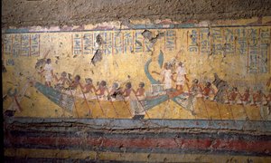 Ägyptische Antiquität: Fresko aus dem Grab des Malers Maia, Pilgerfahrt per Boot in Abydos, Zitat von Osiris. 18. Dynastie. Aus der Kapelle von Maia, Deir el-Medineh, Neues Reich von Egyptian 18th Dynasty