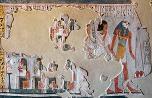 Ägyptische Antiquität: Horus führt Roy und seine Frau zur Waage der Herzen. Fragmente eines Freskos aus dem Grab von Roy (TT255). 18. Dynastie. Vom Westufer von Luxor, Ägypten von Egyptian 18th Dynasty