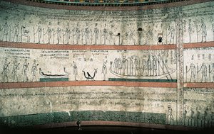 Fresken, die das Buch von Amduat darstellen, Die Reise des Sonnenbootes, an der Westwand der Grabkammer von Egyptian 18th Dynasty