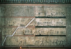 Fresken, die das Buch von Amduat darstellen, Die Reise des Sonnenbootes, an der Ostwand der Grabkammer von Egyptian 18th Dynasty