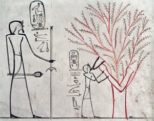 Isis, die sich in einen Sykomorenbaum verwandelt und Tuthmosis III. (ca. 1479-1425 v. Chr.) säugt (Wandmalerei)