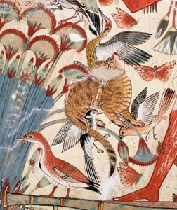 Nebamun jagt im Sumpf mit seiner Frau und Tochter, Teil einer Wandmalerei aus der Grabkapelle von Nebamun, Theben, Neues Reich, ca. 1350 v. Chr. (Detail)