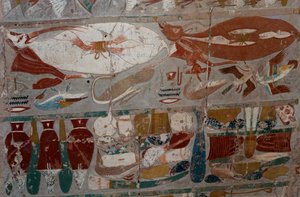 Bemaltes Basrelief, Totentempel der Königin Hatschepsut, Djeser-Djeseru (Heiligstes der Heiligen), Deir el-Bahri, Luxor, Theben (Unesco-Welterbeliste) von Egyptian 18th Dynasty