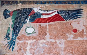 Bemaltes Relief, das einen Geier von Oberägypten darstellt, Totentempel von Hatschepsut, Deir el-Bahari, Luxor, Theben