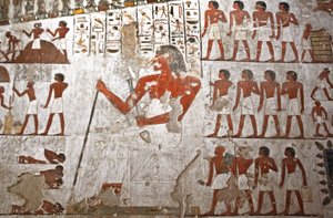 Malerei, die das Grab von Rekhmire schmückt, dargestellt umgeben von seinen Dienern (Fresko) von Egyptian 18th Dynasty
