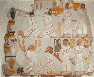 Teil einer bemalten Grabwand, die asiatische Tributträger zeigt, ca. 1400 v. Chr. von Egyptian 18th Dynasty