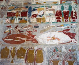 Vorräte und Keramik, die von Königin Hatschepsut den Göttern angeboten wurden, bemaltes Relief, Anubis-Kapelle, Totentempel der Königin Hatschepsut, auch bekannt als Djeser-Djeseru, Deir el-Bahri, Theben. Ägyptische Zivilisation, Neues Reich, Dynastie XVII von Egyptian 18th Dynasty
