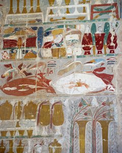 Opfergaben und Keramik, die von Königin Hatschepsut den Göttern dargebracht wurden, bemaltes Relief, Anubis-Kapelle, Totentempel der Königin Hatschepsut, auch bekannt als Djeser-Djeseru, Deir el-Bahri, Theben. Ägyptische Zivilisation, Neues Reich, 18. Dyna von Egyptian 18th Dynasty