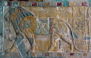 Relief, das Hatschepsut als Löwe darstellt, Totentempel der Hatschepsut, Deir el-Bahari, Luxor, Theben (Unesco-Welterbeliste) von Egyptian 18th Dynasty