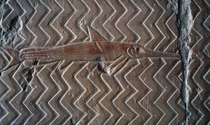Darstellung von Fischen, Szenen des Königreichs Punt, Südwand der zentralen Kolonnade, Totentempel von Hatschepsut, Deir el-Bahari, Luxor, Theben (UNESCO-Welterbeliste)