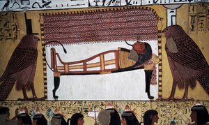 Die Bestattung des Verstorbenen, Wandmalerei, Grab von Sennedjem, Tal der Könige, Luxor, Theben (UNESCO-Welterbestätte)
