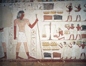 Das Wiegen von Kupfer, Fresko, Grab des Userhat, Lehrer und Schreiber während der Herrschaft von Amenophis II., auch bekannt als Grab TT56, Scheich Abd el-Qurna, Theben (Unesco-Welterbeliste) von Egyptian 18th Dynasty