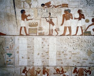 Wiegen von Gold und Silber, Detail aus den Fresken im Grab von Rekhmire, Sheikh Abd el Qurnah Nekropole, Luxor, Theben (Unesco-Welterbeliste) von Egyptian 18th Dynasty