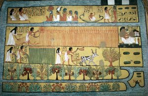 Ägypten, Theben, Dorf der Staatsarbeiter in Dayr al-Madinah, Grab von Sennedjem, Fresko, das landwirtschaftliche Szenen in den Feldern von Ialu darstellt, Neues Reich, Dynastie XIX von Egyptian 19th Dynasty