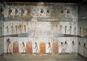 Von oben nach unten, Kobra, Rettung der Überlebenden des Aufstands gegen den Gott Sol, Genien, die Feuer für die Verdammten schüren, Fresko aus der Seitenkapelle des Grabes von Seti I, Tal der Könige, Luxor, Theben (Unesco-Weltkulturerbe) von Egyptian 19th Dynasty