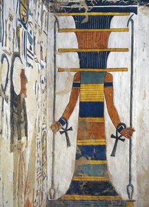 Osiris als Djed-Säule mit einem Was-Zepter in jeder Hand und einem Ankh an jedem Handgelenk (Detail)