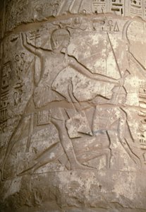 Ramses hält seine asiatischen Feinde an den Haaren, während er sich darauf vorbereitet, sie zu töten, Relief, Tempel von Sethos I., Kanais, Ägypten, ägyptische Zivilisation, Neues Reich, Dynastie XIX (Foto) von Egyptian 19th Dynasty