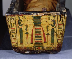 Detail des Fußendes der äußeren Sargbasis der Mumie von Nesyamun, möglicherweise gefunden in Deir El-Bahri, Neues Reich, ca. 1100 v. Chr. (bemaltes Holz) von Egyptian 20th Dynasty