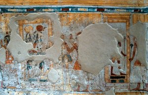 Ägyptische Antiquität: Darstellung von Shuroy und seiner Frau, die den Gott Thot und die Göttin Ra verehren. Malerei aus dem Grab von Shuroy von Egyptian 20th Dynasty
